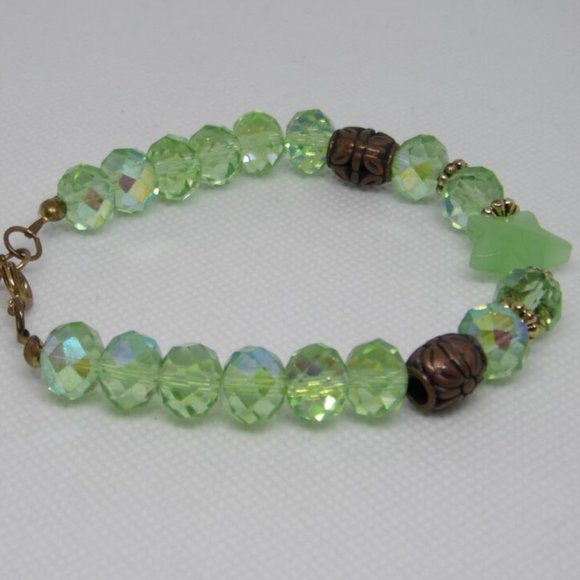 Handmade Elegant Green Glass Beads Bracelet and Charm with Vintage Metal Look 8" - Picture 7 of 10